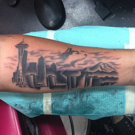 Seattle Skyline Tattoo By Ash Seattle Inspired Tattoos, Las Vegas Skyline Tattoo, Vegas Skyline Tattoo, Seattle Tattoo Ideas, Seattle Skyline Tattoo, Seattle Tattoos, Las Vegas Skyline, Satanic Tattoos, Skyline Tattoo