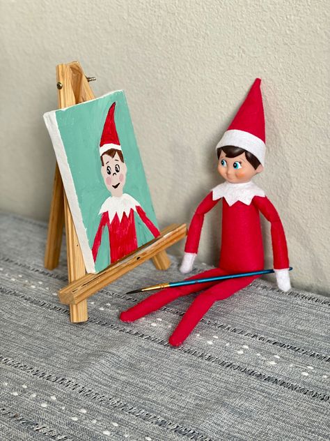 Self portrait painting Elf Selfie, Self Portrait Painting, Portraits For Kids, Elf Drawings, Potrait Painting, Elf Magic, Elf Antics, Shelf Ideas, On The Shelf