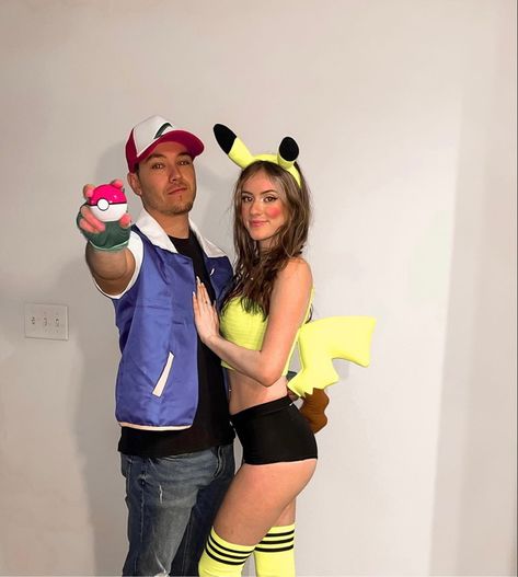 Pokemon And Trainer Costume, Ash And Pokemon Costume, Pika Hi Costume, Couple Costumes Pokemon, Pikachu Womens Costume, Ash Ketchum And Pikachu Costume, Easy A Couples Costume, Pikachu And Ash Costume Couple, Ash Pikachu Costume