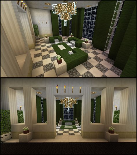 Minecraft Green Living Room Furniture Curtains Chandelier Minecraft Curtains In Game, Curtains In Minecraft, Minecraft Bath House Ideas, Library Room Minecraft, Minecraft Family Room, Minecraft Sitting Room, Minecraft Reception Desk, Minecraft Music Room, Minecraft Curtains