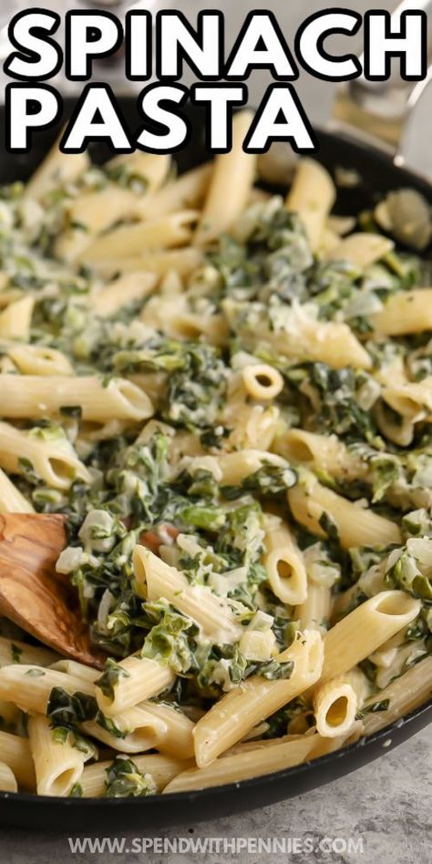 This quick homemade Spinach Pasta is made with easy ingredients like frozen spinach and cream cheese. It's a tasty dinner that's simple to cook but always tastes great! Budget-friendly and super easy, this meal is a great option for weekday meals for the family. Who doesn't love creamy pasta with spinach and parmesan cheese? #spendwithpennies #spinachpasta #maindish #recipe Frozen Spinach Recipes, Homemade Spinach Pasta, Creamy Spinach Pasta, Spinach Pasta Recipes, Cream Cheese Pasta, Penne Pasta Recipes, Cheese Pasta Recipes, Pasta Sides, Tasty Dinner