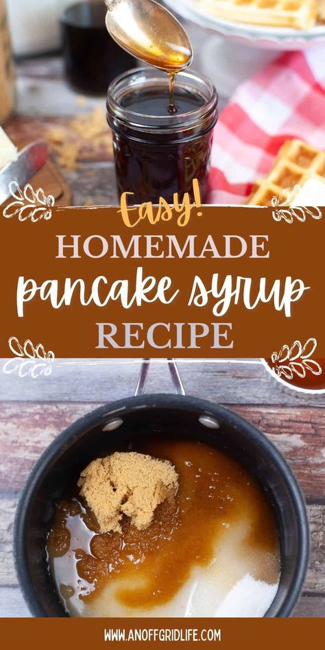 Easy homemade pancake syrup recipe text overlay on image of syrup in a jar with a spoon. Homemade Pancake Syrup, Pancake Syrup Recipe, Homemade Maple Syrup, Easy Homemade Pancakes, Makanan Rendah Kalori, Homemade Pantry, Simple Syrup Recipes, Pancake Syrup, Homemade Condiments