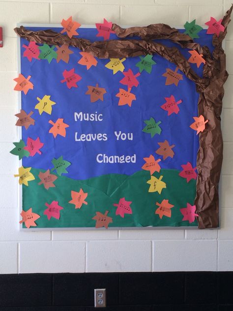 MUSIC LEAVES YOU CHANGED Fall bulletin board. The leaves have notes, rhythms, and symbols learned in music class. Fall Music Bulletin Boards, Music Door Decorations, Music Bulletin Boards, Fall Bulletin Board, Classroom Planning, Fall Bulletin Boards, Elementary Music Education, Fall Music, Fall Door Decorations