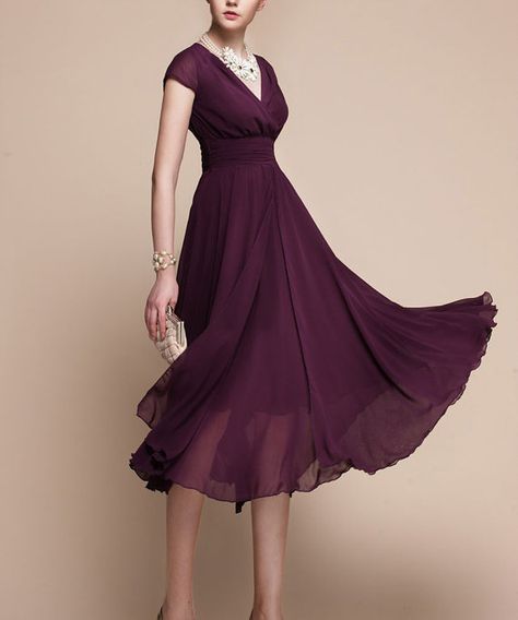 Purple Chiffon Midi Dress  V Neck Long Chiffon Dress by DressStory, $114.99 Plum Wedding Dress, Wedding Dress Midi, Purple Chiffon Dress, Elegant Red Dress, Plum Bridesmaid Dresses, Dress With V Neck, Long Flowy Skirt, Plum Wedding, Prom Midi Dress