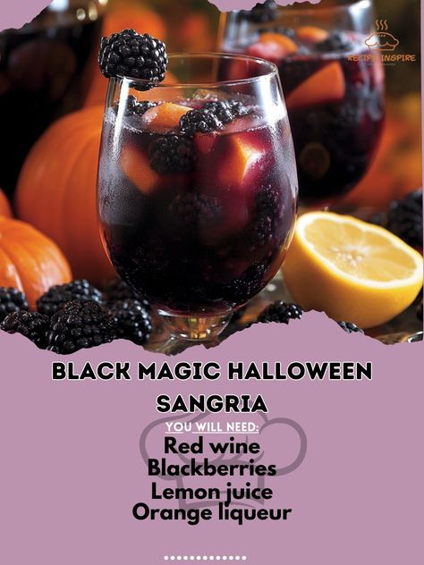 🖤🍷 Black Magic Halloween Sangria—Bewitch your guests with this dark and delicious Halloween sangria! Perfectly eerie and delightfully tasty. 🖤🎃 #BlackMagicSangria #HalloweenSips Black Magic Halloween Sangria Ingredients: Red wine (1 bottle) Blackberries (1 cup) Lemon juice (1/2 cup) Orange liqueur (1/4 cup) Club soda (1 cup) Ice (as needed) Instructions: Mix red wine, blackberries, lemon juice, and orange liqueur in a pitcher. Chill for 1 hour and add club soda. Serve over ice. 🖤🍷 This sp... Halloween Sangria, Black Sangria, Autumn Beverages, Sangria Ingredients, Drinks Ideas, Orange Liqueur, Halloween Cocktails, Party Food And Drinks, Orange Glitter