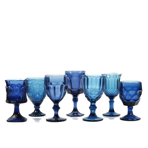 Deep Blue Goblets – The Confetti Studio Blue Vintage Glassware, Vintage Blue Glassware, Coloured Glassware, Blue Goblets, Colored Drinking Glasses, Blue Drinking Glasses, Rustic Family Room, Dark Blue Vintage, Blue Wine Glasses