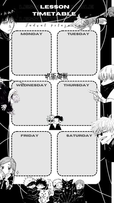 Jujutsu kaisen Lesson timetable dailyroutineplanner #ramadanplanner2024 #productiveplanner #digitalplannershop. Jjk Calendar 2024, Jjk Printable, Lesson Timetable, Anime Planner, Bullet Journal Boxes, Notebook Labels, Timetable Template, Naruto Painting, Aesthetic Planner