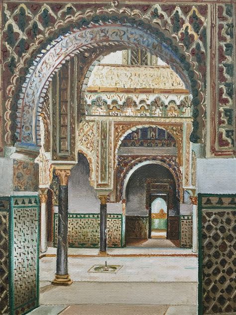 Orientalist painting Islamic architecture Seville Spain Liger Moroccan Painting, Painting Islamic, Hall Painting, Spanish Interior, Mughal Architecture, A Level Art Sketchbook, Moroccan Art, Seville Spain, Antique Oil Painting