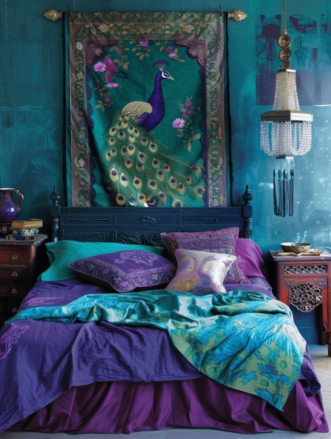 Peacock Bedroom Ideas, Teal And Purple Bedroom, Teal Bedroom Designs, Peacock Room Decor, Plum Bedroom, Jewel Tone Bedroom, Peacock Blue Bedroom, Peacock Bedroom, Teal Rooms