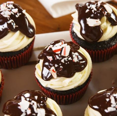 Peppermint Bark Cupcakes - Delish.com Homemade Peppermint Bark, How To Make Frosting, Pull Apart Cupcakes, Cupcake Pans, Holiday Cupcakes, Sweet Ideas, Chocolate Delight, Cinnamon Cream Cheese Frosting, Peppermint Bark