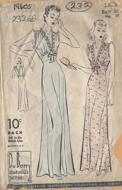 1940s Vintage Sewing Pattern B36" NIGHTDRESS-NEGLIGEE (232) | eBay Vintage Negligee, Blithe Spirit, 1940's Fashion, Lingerie Patterns, Sew In Weave, Personalized Ribbon, Scale Pattern, Motif Vintage, Sewing Design