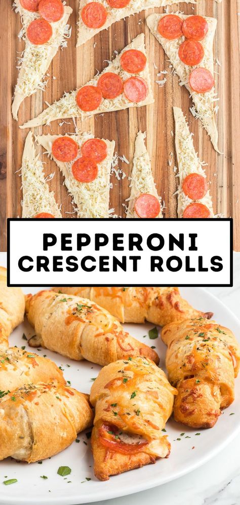 Easy Pepperoni Crescent Rolls make everyone happy! Flaky crescent roll dough is stuffed with gooey melted cheese and spicy pepperoni in this great recipe with only 4 ingredients. They're the perfect appetizer for your summer parties! Creasant Roll Recipes, Pepperoni Crescent Rolls, Crescent Roll Recipes Appetizers, Pillsbury Crescent Recipes, Easy Crescent Roll Recipes, Pillsbury Crescent Roll Recipes, Crescent Roll Recipes Dinner, Crescent Rolls Recipe, Recipes Using Crescent Rolls