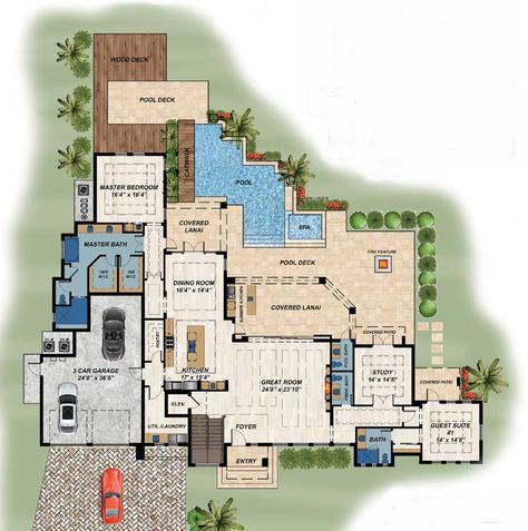 Modern House Plan - 4 Bedrooms, 4 Bath, 4226 Sq Ft Plan 82-149 Modern Contemporary House, Modern Contemporary House Plans, Florida House Plans, Modern House Floor Plans, Floor Plan Drawing, Modern Style House Plans, Contemporary House Plans, Italian Villa, Beautiful House Plans