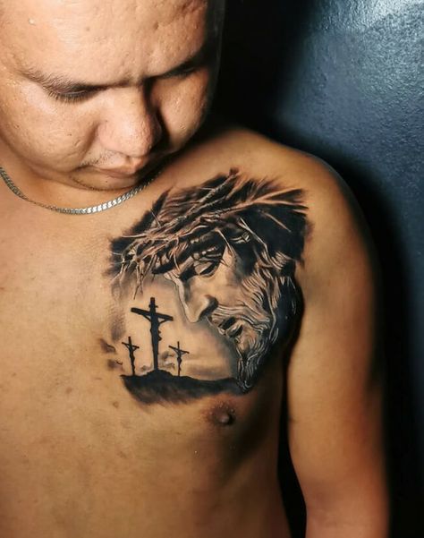 Jesus Christ Inspiring Tattoo Ideas Men Jesus Chest Tattoo, Chest Tattoo Quotes, Respect Tattoo, Motivational Tattoos, Challenges In Life, Create A Tattoo, Christ Tattoo, Timeless Tattoo, Half Sleeve Tattoos Drawings