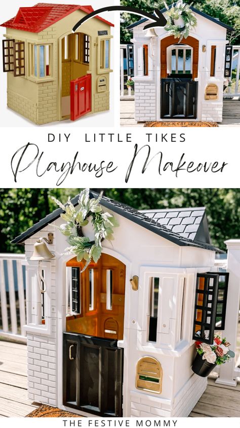 Plastic Playhouse Makeover, Little Tikes Playhouse Makeover, Kids Playhouse Makeover, Diy Playhouse Makeover, Diy Kids Playhouse, Cottage Playhouse, Playhouse Interior, Plastic Playhouse, Playhouse Makeover