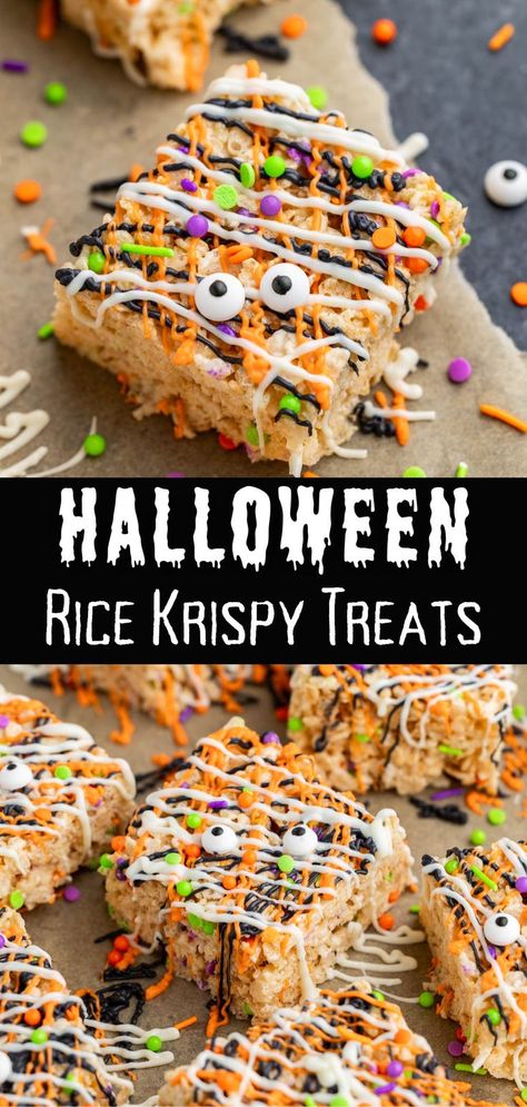 Halloween themed rice krispy treats that are purple, orange, green, white and black with monster candy eyes Halloween Rice Krispy Treats, Halloween Rice Krispy, Halloween Rice Crispy Treats, Halloween Rice Krispies, Fun Halloween Snacks, Food Ideas Easy, Spicy Chili Recipe, Fun Halloween Desserts, Halloween Rice Krispie Treats