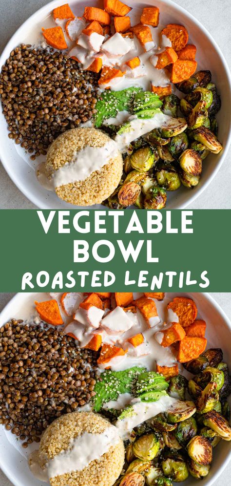 The Best Vegetable Bowl with crispy roasted lentils, caramelized sweet potato, charred Brussels sprouts, and a creamy tahini dressing. Made with 10 budget-friendly vegan ingredients. Meal prep this recipe and refrigerate for up to 5 days. Gluten-free. Roasted Veggie Chickpea Bowl With Maple Dijon Dressing, Roasted Vegetable And Chickpea Bowl With Maple Dijon Tahini Dressing, Lentil Sweet Potato Bowl, Tempeh Quinoa Bowl, Roasted Veggie & Chickpea Bowls With Maple Dijon Tahini Dressing, Roasted Lentils, Comfort Meals, Quinoa Sweet Potato, French Lentils