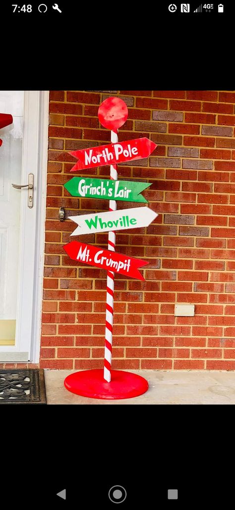 Grinch Exterior Decor, Grinch Front Porch Decorations, Grinch Porch, Grinch Sign, Grinch Tree, Grinch Trees, Whoville Christmas, Grinch Christmas Decorations, Directional Signs