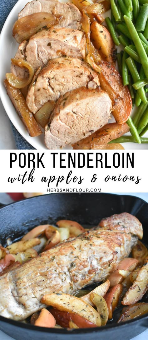 Apple And Onion Pork Tenderloin, Pork Apples Onions, Apple And Pork Recipes, Apples And Pork Tenderloin, Apples And Meat Recipes, Pork Tenderloin Recipes With Apples And Onions, Things To Make With Pork Tenderloin, Apple Onion Pork Tenderloin, Apple Pork Tenderloin Oven