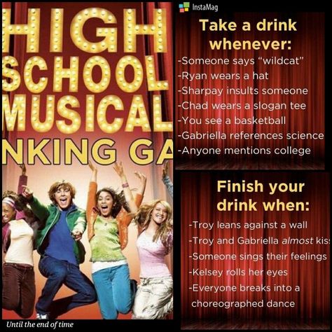 High school musical drinking game -  High school musical drinking game Show Drinking Games, Tv Show Drinking Games, Drinking Games For 2, Movie Drinking Games, Drunk Games, Alcohol Games, Sleepover Party Games, Drinking Games For Parties, Fun Drinking Games