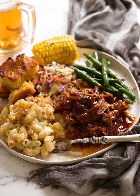 Dinner plate with Pulled pork with BBQ Sauce with side dishes - Mac and Cheese, steamed greens, cornbread and steamed corn Pulled Pork Side Dishes, Pulled Pork With Bbq Sauce, Pork Dinner Ideas, Pulled Pork Sides, Steamed Greens, Pork Side Dishes, Bbq Pulled Pork Slow Cooker, Bbq Plates, Homemade Barbecue Sauce