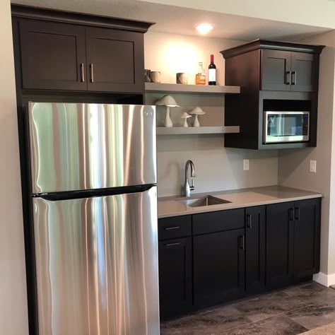 Simple Kitchenette, Small Basement Nook Ideas, Basement Corner Kitchen, 48 Inch Cabinets Kitchen, Small Mother In Law Suite Kitchenettes, Mother In Law Suite Kitchenette, Basement Mini Kitchen Bar, Dry Bar With Full Fridge, Kitchenette With Microwave