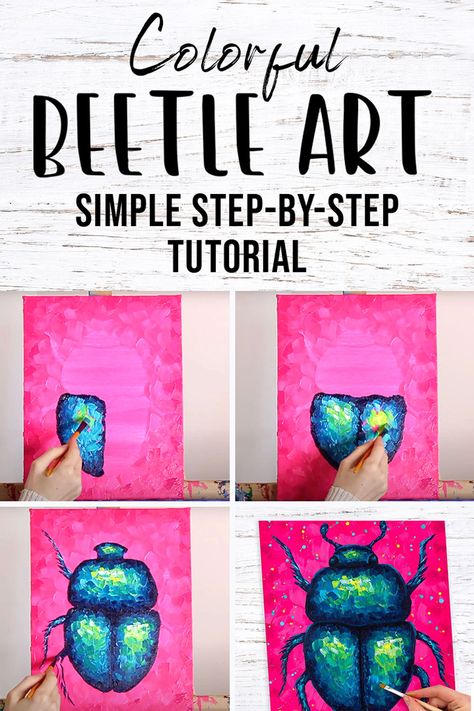 Paint this metallic beetle in acrylic paints with this simple step by step painting tutorial. Quick Art Activities, Step By Step Art Projects, Modeling Clay Painting, Elementary Painting Lessons, Very Simple Painting Ideas, Vector Painting, Art Projects For Older Kids, Art To Try, Paint Along