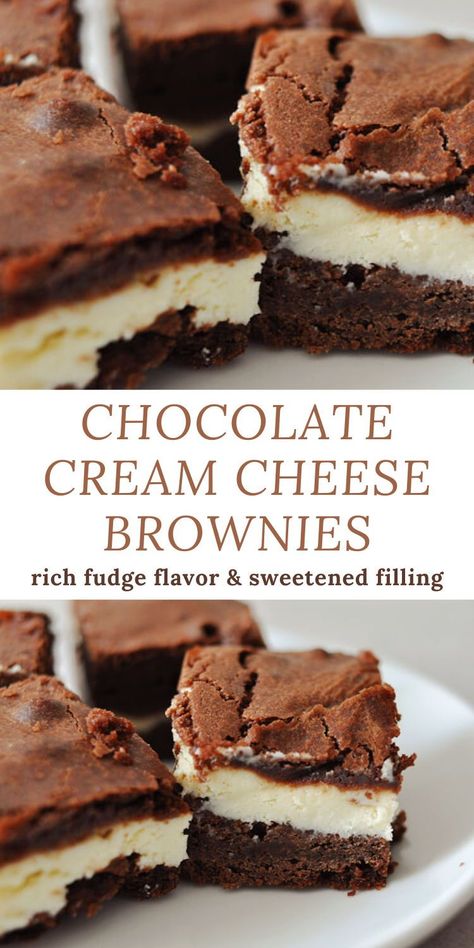 These chocolate cream cheese brownies are the perfect dessert idea! They're super fudgy with the perfect sweet and moist filling that melts in your mouth! Cream Cheese Filled Brownies, Chocolate Cream Cheese Brownies, Cream Cheese Brownies From Box Recipes, Chocolate Cream Cheese Bars, Cream Cheese Brownies Recipe, Cream Cheese Brownie, Brownies With Cream Cheese, Popular Desserts Recipes, Chocolate Peanut Butter Brownies