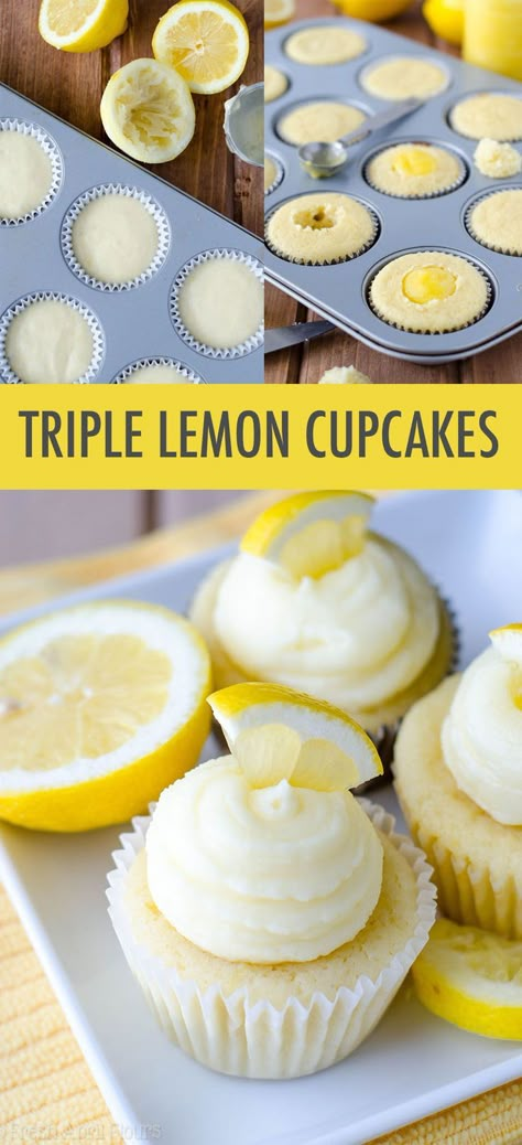 Tender lemon cupcakes filled with tangy homemade lemon curd and topped with a sweet, creamy lemon buttercream. A lemon lover�s dream! #freshaprilflours #cupcakes #lemon #lemoncurd Dream Cupcakes, Cupcakes Lemon, Homemade Lemon Curd, Cupcakes Filled, Cupcakes Recipes, Cupcakes Ideas, Lemon Buttercream, Gourmet Cupcakes, Filled Cupcakes