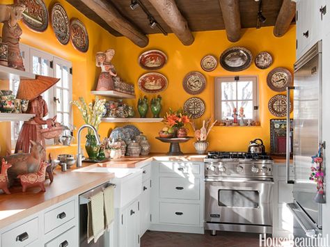 Yellow Kitchen with Santa Fe Style - Southwest Kitchen Decor - House Beautiful Santa Fe Style Kitchen, Southwest Kitchen Decor, Mexican Style Kitchens, Southwestern Kitchen, Yellow Kitchen Designs, Southwest Kitchen, Mediterranean Wall, Mexican Kitchen Decor, Mexican Kitchens