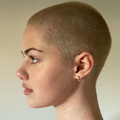 Auburn Buzzcut, Round Face Buzzcut Women, Buzzcut Women Aesthetic, Female Buzzcut Aesthetic, Feminine Buzz Cut, Buzzed Hair Women Round Face, Pink Buzzcut Woman, Buzzcut Woman, Bald Women Fashion