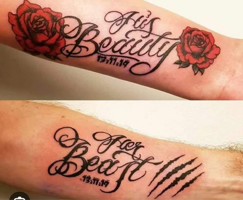 Couples Tattoo Designs Matching Tat, Tattoo For Hubby, Couples Tattoo Designs Marriage, Love Couple Tattoo Ideas, Beauty And Beast Tattoo Couple, His Beauty Her Beast Tattoo, Matching Tattoos For Husband And Wife, Little Couple Tattoos, Husband Wife Tattoos Couple Tat