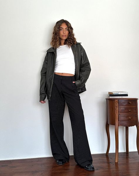 Black Pinstripe Pants Outfit, Pinstripe Trousers Outfit, Pinstripe Pants Outfit, Pinstripe Fabric, Pinstripe Trousers, Trouser Outfit, Summer Bodycon Dress, Distressed Jacket, Pinstripe Pants