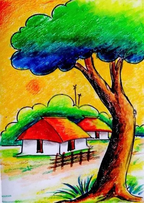 Easy Drawing for children and teachers Easy Drawing For Children, Picture For Drawing, Nature Drawing For Kids, Easy Nature Drawings, Drawing For Children, Landscape Drawing Easy, Scenery Drawing For Kids, Easy Scenery Drawing, Oil Pastel Drawings Easy