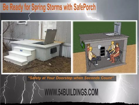 Storm shelter and porch in one! Www.facebook.com/54buildings Tornado Preparedness, Storm Cellar, Storm Shelters, Tornado Shelter, Storage Buildings, Survival Ideas, Storm Shelter, Portable Buildings, Diy Basement