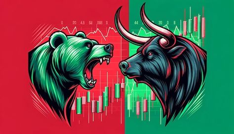 Bull vs bear symbols of stock market trends fierce market battle in red and green background Trading Bull, Red And Green Background, Bear Vs Bull, Stock Market Trends, Stock Market Chart, Bear Market, Market Trends, Green Background, Fantasy Landscape