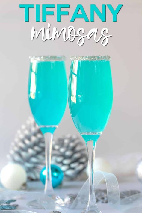 Appetizers In Champagne Glasses, Tiffany Blue Cocktail Drink Recipes, Tiffany Blue Mimosa, Tiffany Blue Drinks Cocktails, Tiffany Mimosa Recipe, Cotton Candy Mimosa Bar, Blue Mimosa Bar, Summer Mimosa Recipe, Blue Mixed Drinks Alcohol