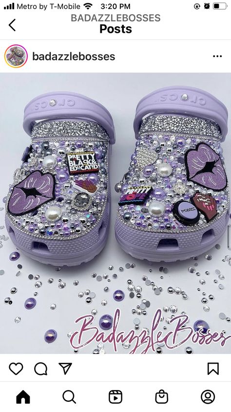 Crocs Shoes Design Ideas, Bedazzled Crocs Shoes, Crocs Rhinestone, Croc Inspiration, Rhinestone Crocs Shoes Diy, Bling Out Crocs, Custom Crocs Diy Rhinestone, Crocs Business, Purple Bling Crocs