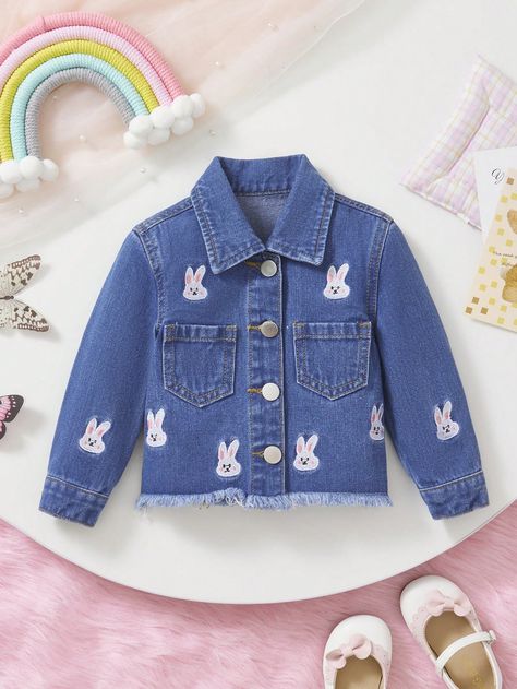 Baby Girls Cute Casual Rabbit Embroidery Four Seasons All-Match Versatile Denim Jacket Outerwear Medium Wash    Denim   Non-Stretch  Baby Girls Clothing, size features are:Bust: ,Length: ,Sleeve Length: Rabbit Embroidery, Baby Dress Design, Girls Jacket, Dress Design, Girls Clothing, Four Seasons, Baby Dress, Outerwear Jackets