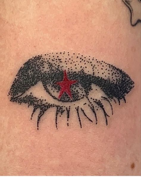 Y2K, tattoo, tattoos, red star, red, star, star girl, aesthetic, rock star, girlfriend, eye, starry eye, eye with red star, eyes, Grunge, realistic, goth, alternative, stick and poke, hand poked, milky Matt, red ink, red and black Eye With Heart Pupil Tattoo, Dot Work Tattoo Ideas, Pointillism Tattoo Design, Avant Garde Tattoo, Knee Tattoo Placement, Radio Head Tattoo, Aesthetic Neck Tattoo, Dotted Tattoo Design, Overlapping Tattoos