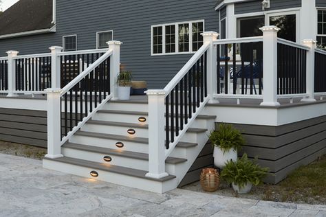 Black Front Stairs Exterior, Timbertech Deck Ideas, Front Porch Stairs, Backyard Decks, Composite Railing, Azek Decking, Outdoor Stair Railing, Front Porch Steps, Porch Stairs