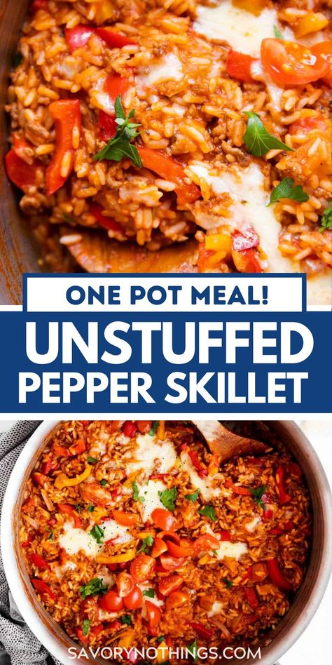 Try this Unstuffed Pepper Skillet if you need a simple dinner for tonight! Made with rice, ground beef and peppers, this meal cooks in a single skillet for easy prep and a quick cleanup. | #onepotmeals #onepot #groundbeefrecipes #dinner #easyrecipes Ground Beef Recipes With Peppers, Pepper Ground Beef Recipes, One Pot Unstuffed Peppers, Beef And Peppers Over Rice, Unstuffed Pepper Skillet Ground Beef, One Pot Unstuffed Pepper Skillet, Unstuffed Peppers Meal Prep, Unstuffed Pepper Recipe, Healthy Ground Beef Dinner Ideas