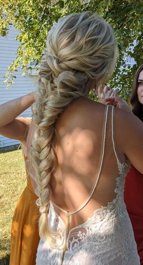 One Braid Wedding Hair, Braid Hoco Hairstyle, Braid For Homecoming, Grad Hairstyles Braid, Bridesmaid Hairstyles Fishtail Braid, Long Side Braid Wedding, Long Braided Hairstyles Wedding, Long Braid Prom Hair, Fancy Braid Hairstyles For Long Hair