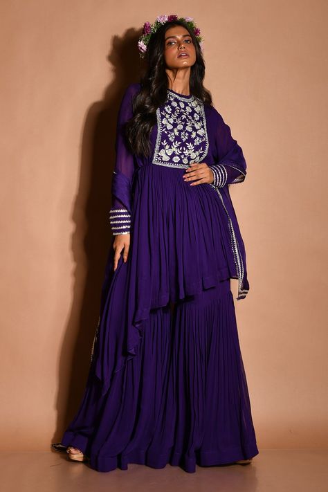 Shop for Aksh Purple Georgette Embroidered Kurta Sharara Set for Women Online at Aza Fashions Asymmetric Kurta, Kurta Sharara Set, Kurta Sharara, Embroidery Floral, Sharara Set, Full Sleeves, Set For Women, Embroidery, For Women