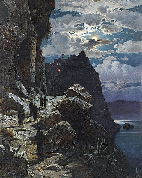 Hermann Corrodi (1844 - 1905): Nightly Walk of the Monks to the Mount Athos, 1905, Oil on canvas, 232 x 130 cm, Private Collection . . . . Hermann David Salomon Corrodi Monastery Aesthetic, Mountain Monastery, Greek Mountains, Wal Art, Mount Athos, History Painting, Italian Painters, Art Prints Online, European Royalty