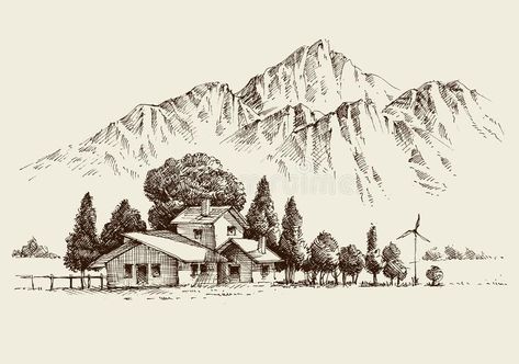 Ranch Drawing, Mountain Engraving, Countryside Sketch, Mountain Drawings, Mountains Background, Mountains Drawing, Mountain Sketch, Architecture Villa, Village Landscape