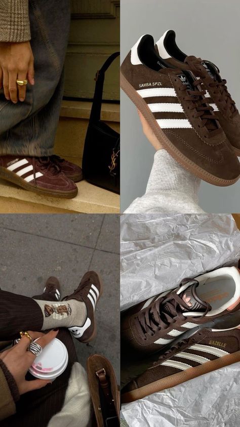 Samba Adidas Shoes, Autumn Shoes Aesthetic, Sambas With Socks, Adidas Brown Shoes, Brown Sambas Outfits, Autumn Shoes 2024, Adidas Aesthetic Shoes, Adidas Samba Brown, Winter Shoes 2024