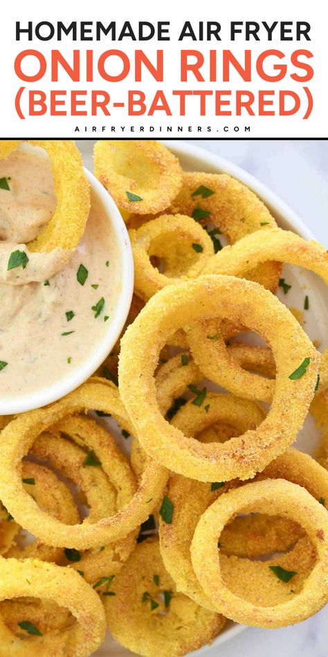 Make delicious beer-battered onion rings in the air fryer! Our recipe for air fryer onion rings is easy and makes minimal mess. How To Make Onion Rings In Air Fryer, Air Fried Onion Rings Recipe, Homemade Onion Rings Air Fryer, Onion Rings Batter Recipe, Onion Rings Air Fryer, Onion Rings Recipe Easy, Fried Onion Rings Recipe, Air Fryer Onion Rings, Recipe For Air Fryer