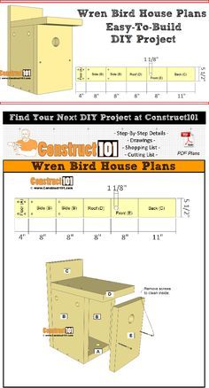 Wren bird house plans - easy DIY project. Free instant download. Diy Wren House, Wren House Plans How To Build, Wren House Plans, Simple Bird Houses, Diy Birdhouse Plans, Wren Bird House, Flood Proof House, Martin Bird House, Birdhouse Plans