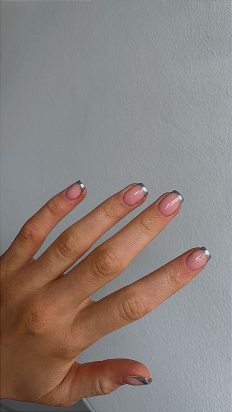 Short Nails Silver French, Short Silver Tip Nails, Short Silver Chrome French Tip Nails, Silver French Nails Square, Silver French Tip Nails Short, Short Acrilyc Nails, Silver Tips Nails, Different French Tips, Gray French Tip Nails